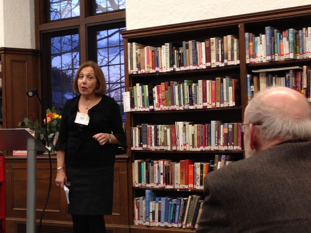 Waban Library Center volunteer coordinator Alice Jacobs describes the library to guest poet David Ferry, March 23, 2013