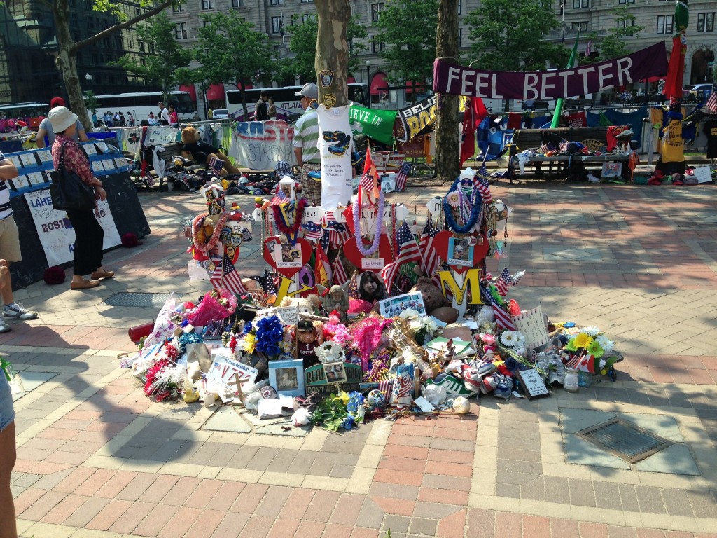 Tributes to the four people killed in the Marathon bombing and subsequent attacks. Copley Square, June 23, 2013