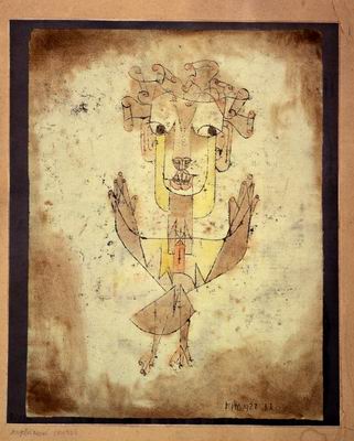 "A Klee painting named Angelus Novus shows an angel looking as though he is about to move away from something he is fixedly contemplating. His eyes are staring, his mouth is open, his wings are spread. This is how one pictures the angel of history. His face is turned toward the past. Where we perceive a chain of events, he sees one single catastrophe which keeps piling wreckage upon wreckage and hurls it in front of his feet. The angel would like to stay, awaken the dead, and make whole what has been smashed. But a storm is blowing from Paradise; it has got caught in his wings with such violence that the angel can no longer close them. The storm irresistibly propels him into the future to which his back is turned, while the pile of debris before him grows skyward. This storm is what we call progress." Walter Benjamin, Theses on the Philosophy of History