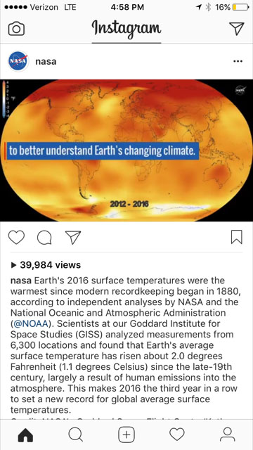 NASA's Instagram post announcing that 2016 was the warmest year on record
